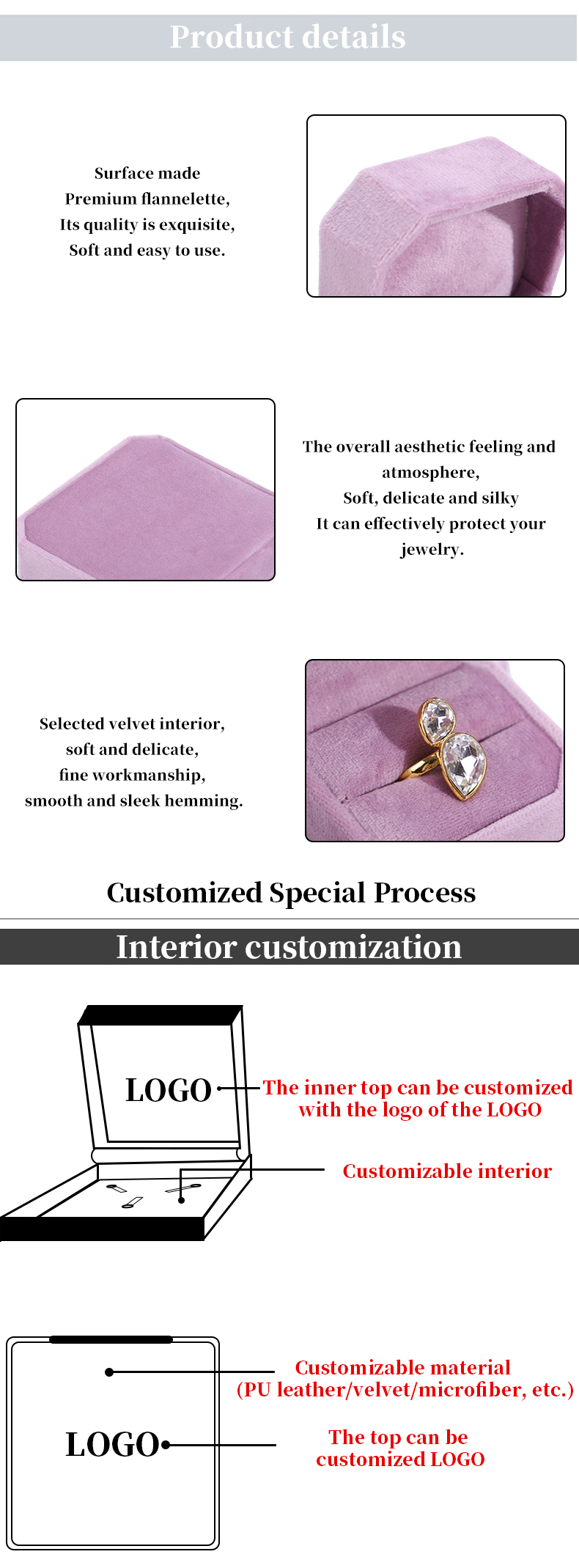 Custom Logo Velvet Jewelry Box for Hanhong Pink Necklace Bracelet Ring Packaging
