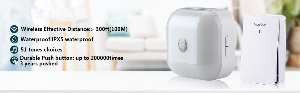 Plug-in Receiver Chimer Waterproof Self-power Transmitter 4 Volume Adjustment Wireless Door Bell Smart Touch LED Night Ligh