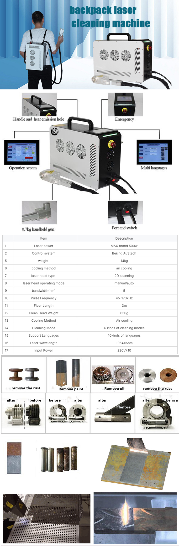 12 KG Weight 50w 100w Pulse Portable Laser Rust Removal Cleaning Machine Backpack Fiber Laser Cleaner Cleaning Portable