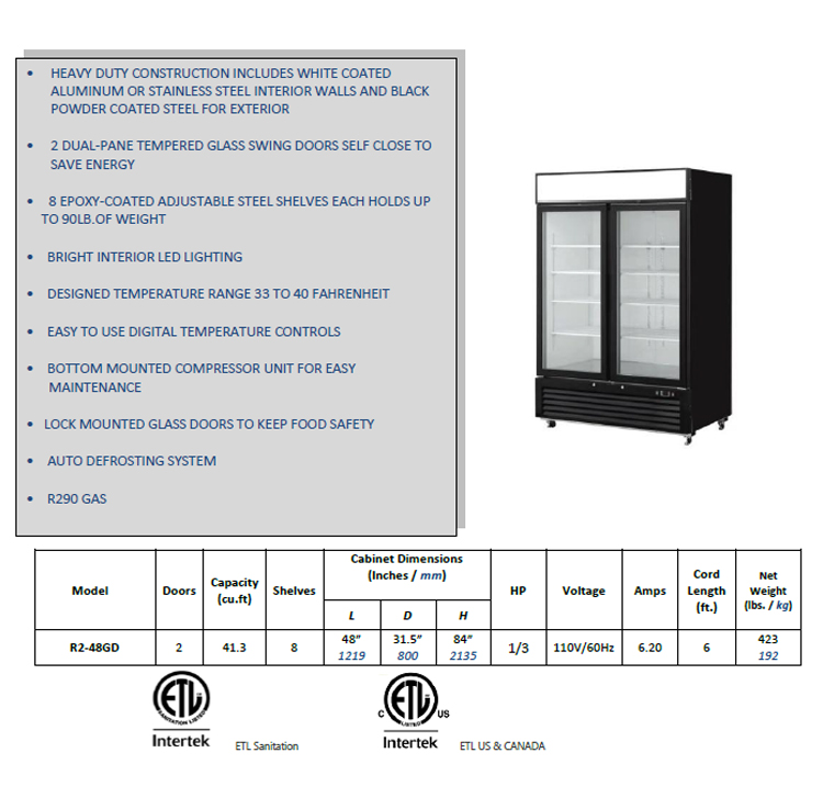 Air Cooling System R290 GAS 2 Glass Door Merchandisers 1170L