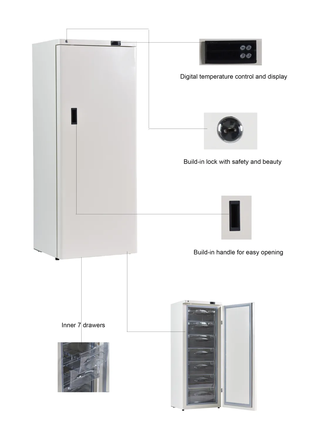 Energy Saving -40 Degrees Upright 278 Liters Medical Deep Freezer with Multi Drawers