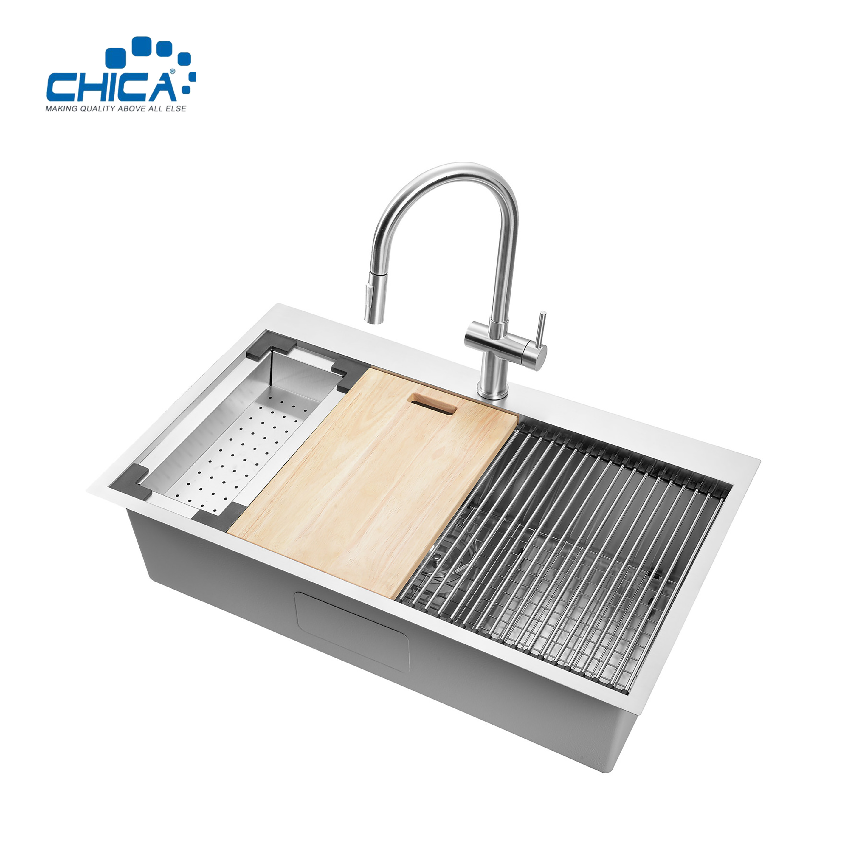33x22x10 single bowl SUS304 stainless steel commercial topmount handmade house kitchen sink with faucet