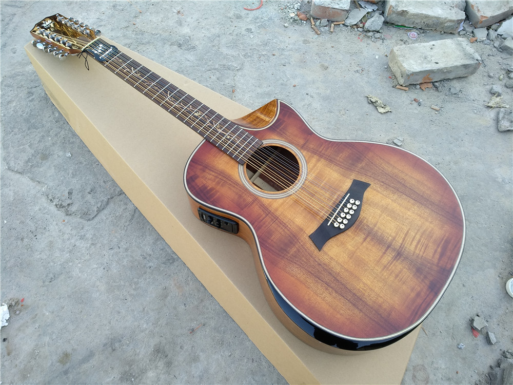 Koa wood Handmade jumbo acoustic 12 string armrest bevelled cutway 12 Strings custom acoustic electric guitar