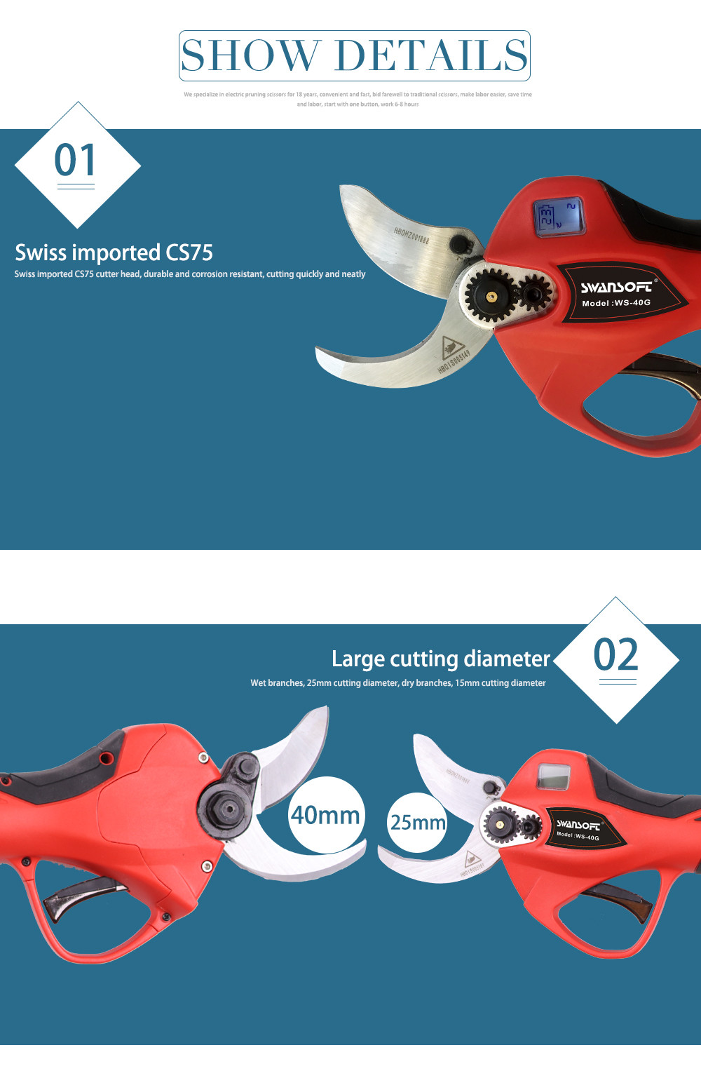 Factory Supply Swansoft 4.0CM Electric Pruner Rechargeable Lithium Battery with LED Display Finger Protection