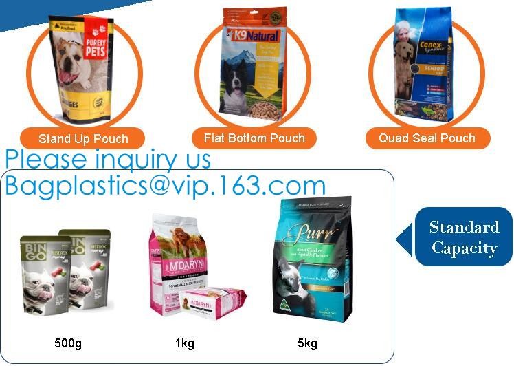 Stand Up Packaging Bag With See-Through Window, k Food Packaging Bag, Gravure Print Quad Seal Bag For Pet Food Pac