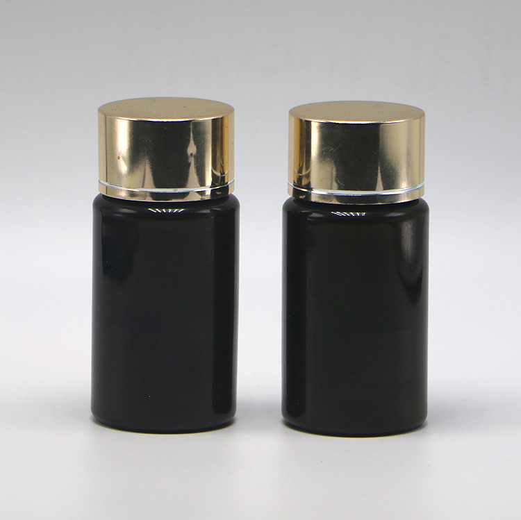 GMP 50ML PET Plastic Medicine Tablet Pill Bottle Container with Gold Silver Coating Cap