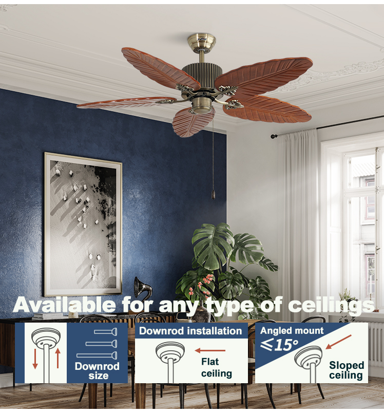 1stshine Ceiling Fan Household with Solid Wood Blades and 3 Speed Pull Chain Control