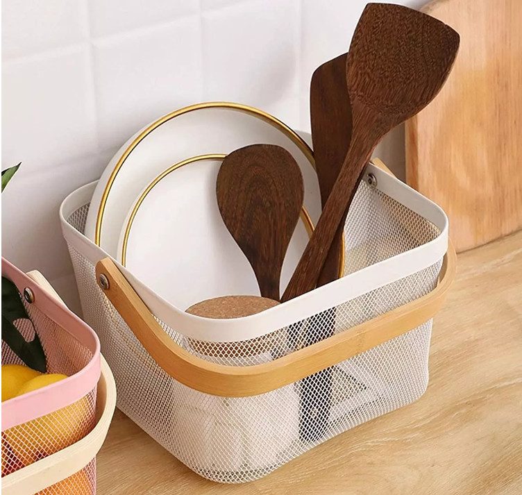 Sustainable Wire Mesh Storage Baskets With Wood Handle