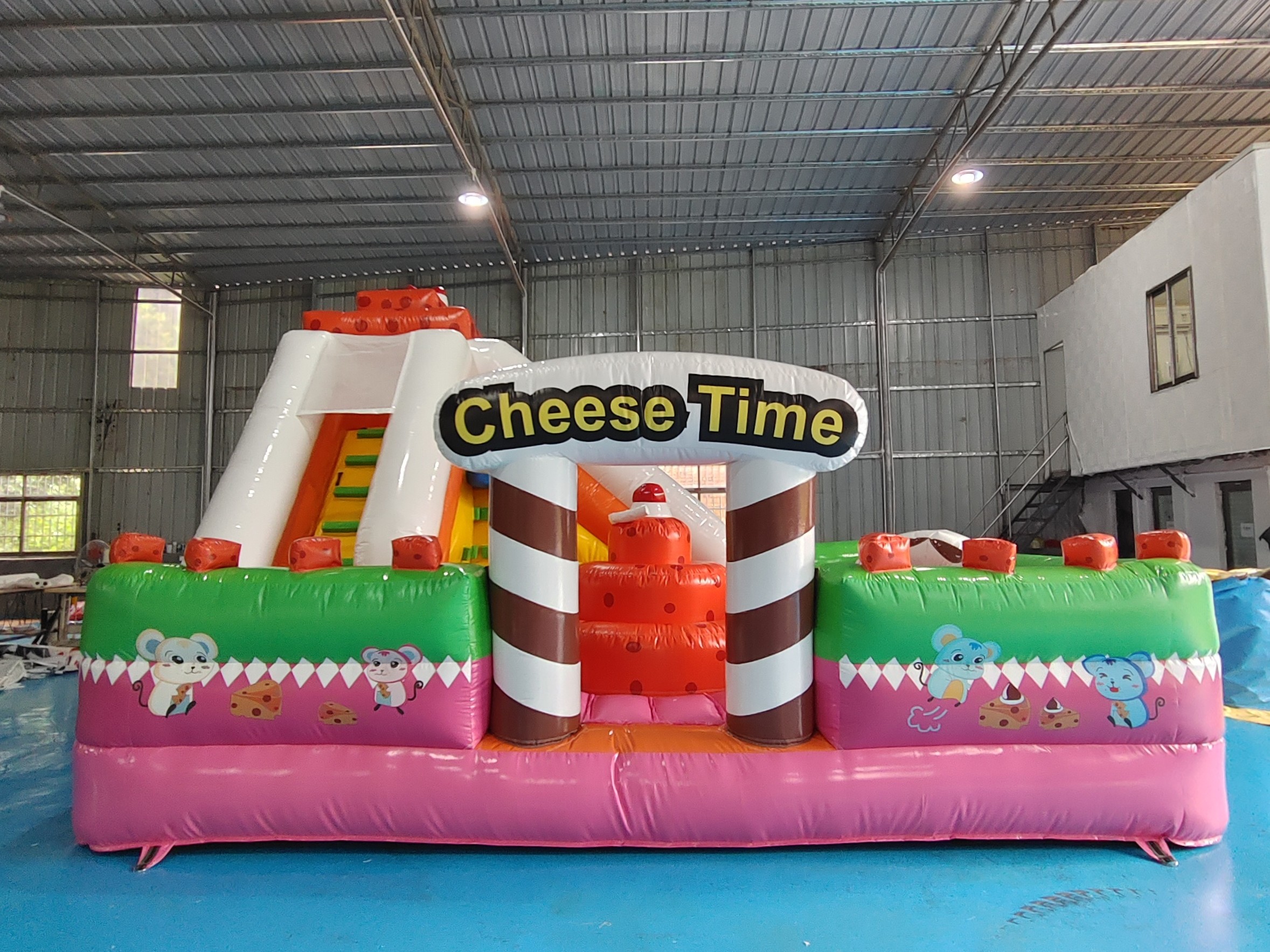 New Design PVC Inflatable Bouncy Castle Cheese Time Inflatable Fun City With High Slide Obstacle Course For Rental