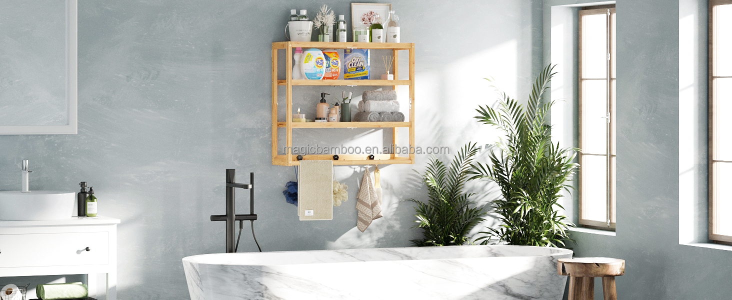 OEM Bamboo Bathroom Wall Shelf Over Toilet Storage With Hooks