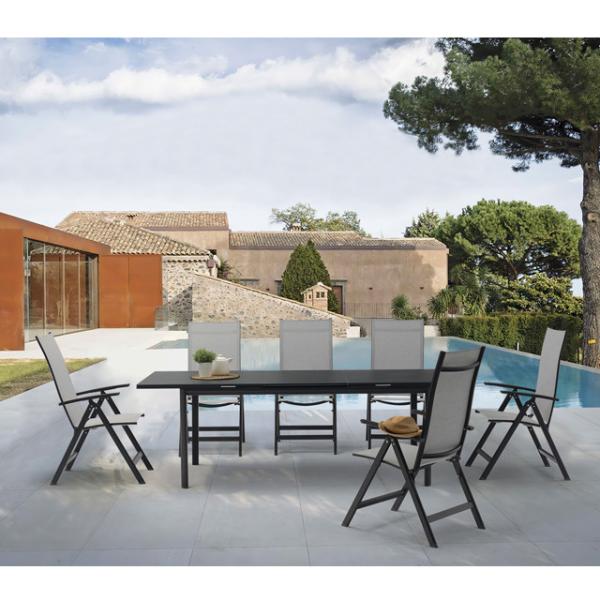 Outdoor Furniture Glass Extension Dining Table and Folding Chair Set with
