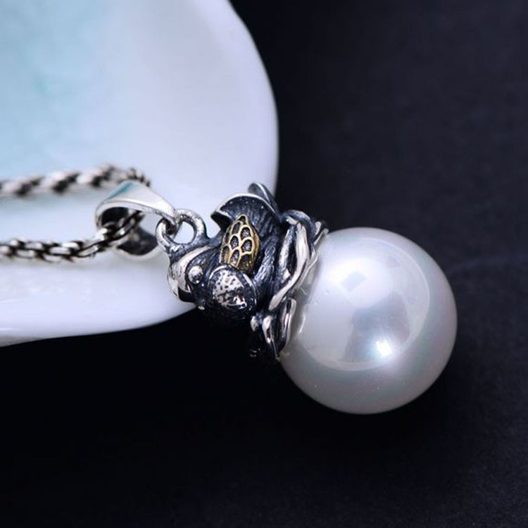 Women Retro 925 Silver Shell Pearl Bird Pendant Necklace (XH056542W)