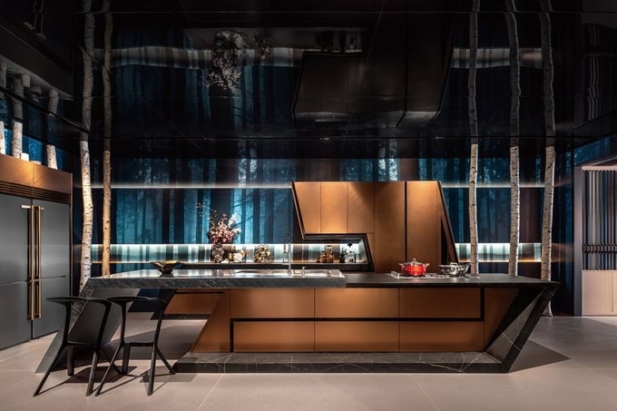 Rose Gold Modern Kitchen Cabinet With Geometric Lines And Stainless Steel Durability