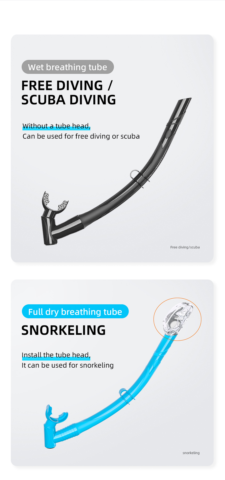 OEM Universal Dry Valve Snorkel Underwater Breathing Tube For Spearfishing
