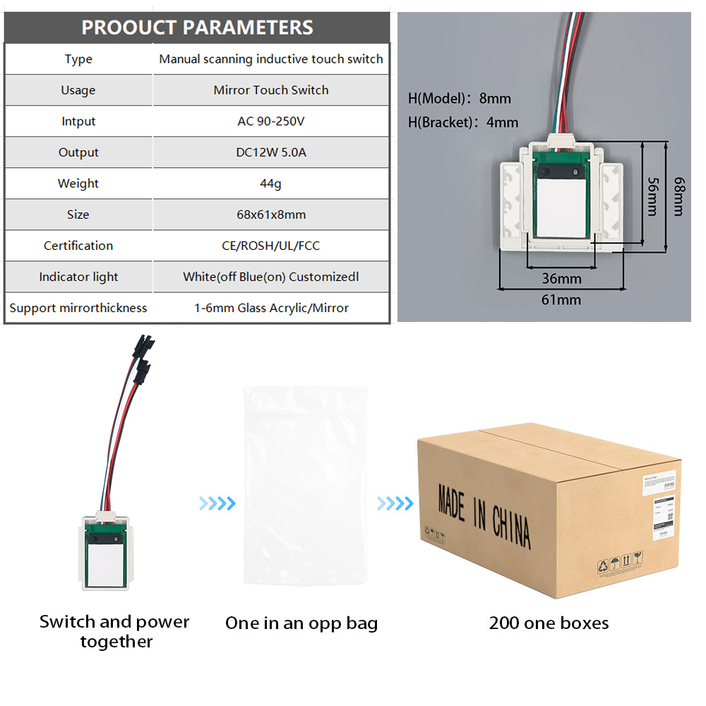 DC12V 5A 60W Smart Led Light For 1-6mm Mercury Mirror Manual Scanning Dimming Switch