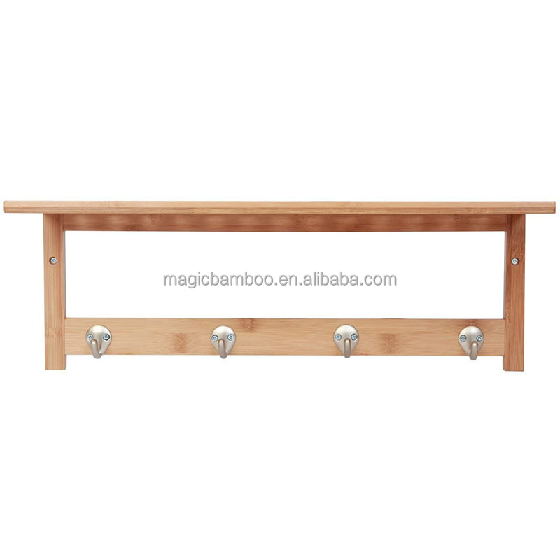 Modern and Functional Solid Bamboo Wooden Bathroom Shelf with 4 Stainless Steel Hooks