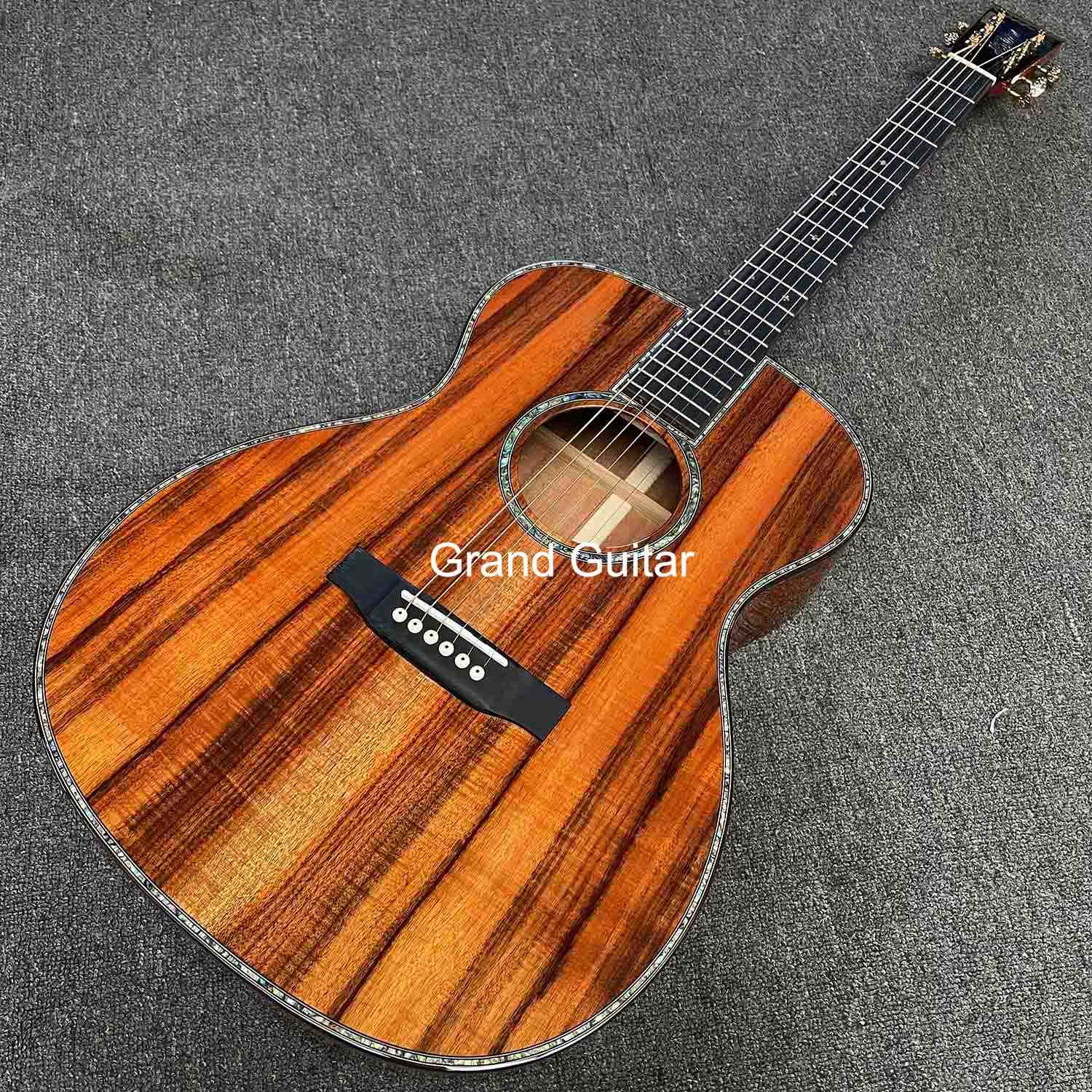 Grand OM Guitar Solid KOA Back Side Acoustic Guitar, Customized Logo on Headstock