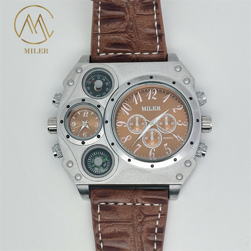 Unique Design Quality MILER Brand Dual Time Big Face Men Watch with Compass Leather Strap Quartz Watch