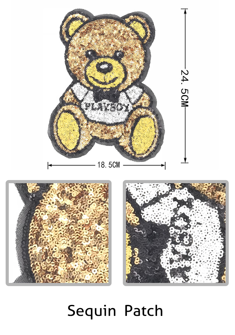 Gold Cute Bear Cartoon Character Patches , Sequin Cartoon Patches For Clothes