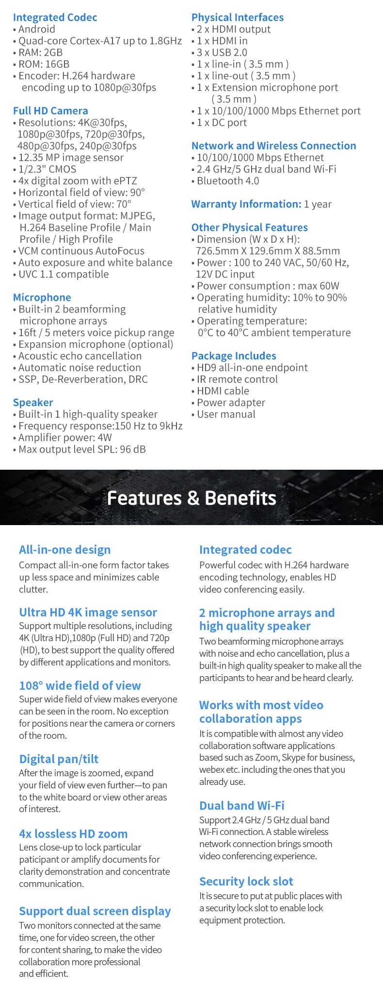 Android All-in-one ultra HD 4K Camera with Microphone and Speaker USB video sound bar for video conference