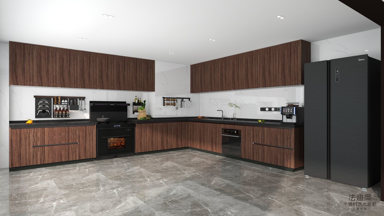 Luxury Stainless Modern Stainless Steel Kitchen Cabinets With Natural Wood Grain Finish - Customizable And Durableeel Modern Kitchen Cabinet With