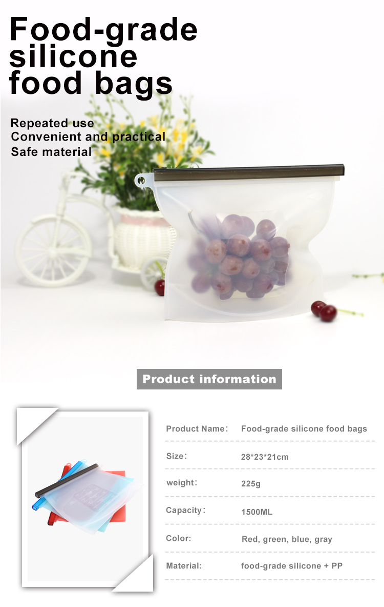 4 Colors BPA Free Reusable Silicone Food Preservation Bag 1500ML
