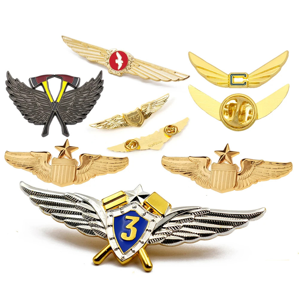 Custom Design Metal Enamel Pins Badges Gold Plating Engraved Airline Wings Pin Badge For Clothing