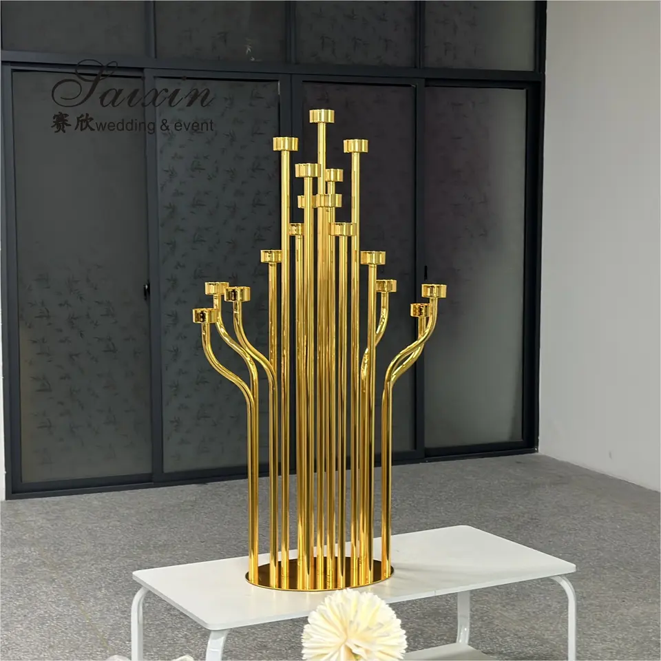 Luxury Wedding Decor Supplies Gold 17 Arms Candelabra Candle Holder Tall Crystal Candelabra Centerpieces