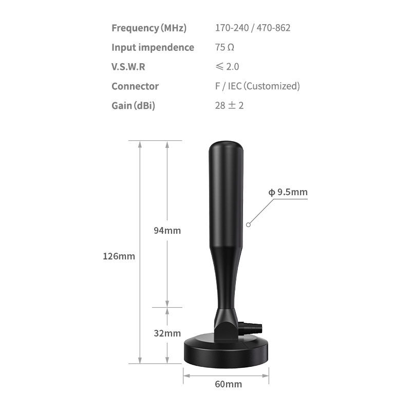 Indoor TV Antenna with Magnetic Base and VHF 174-240MHz/UHF 470-862MHz Frequency