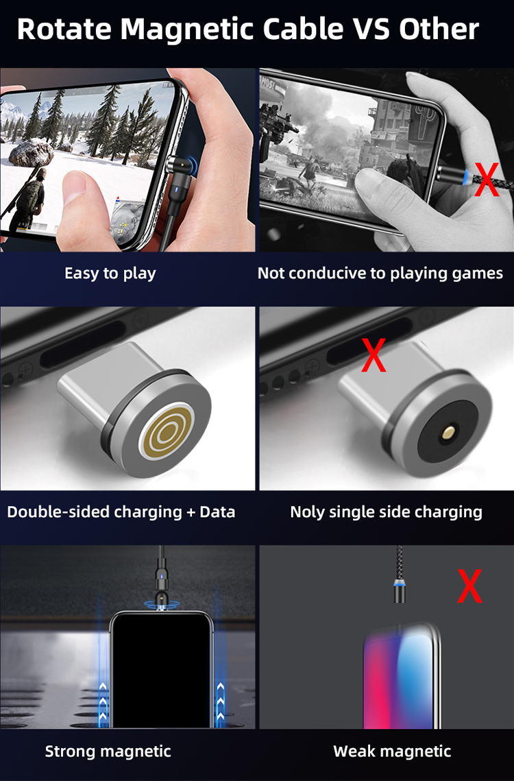 540 Degree 3A Magnetic Micro USB Quick Charging Cable
