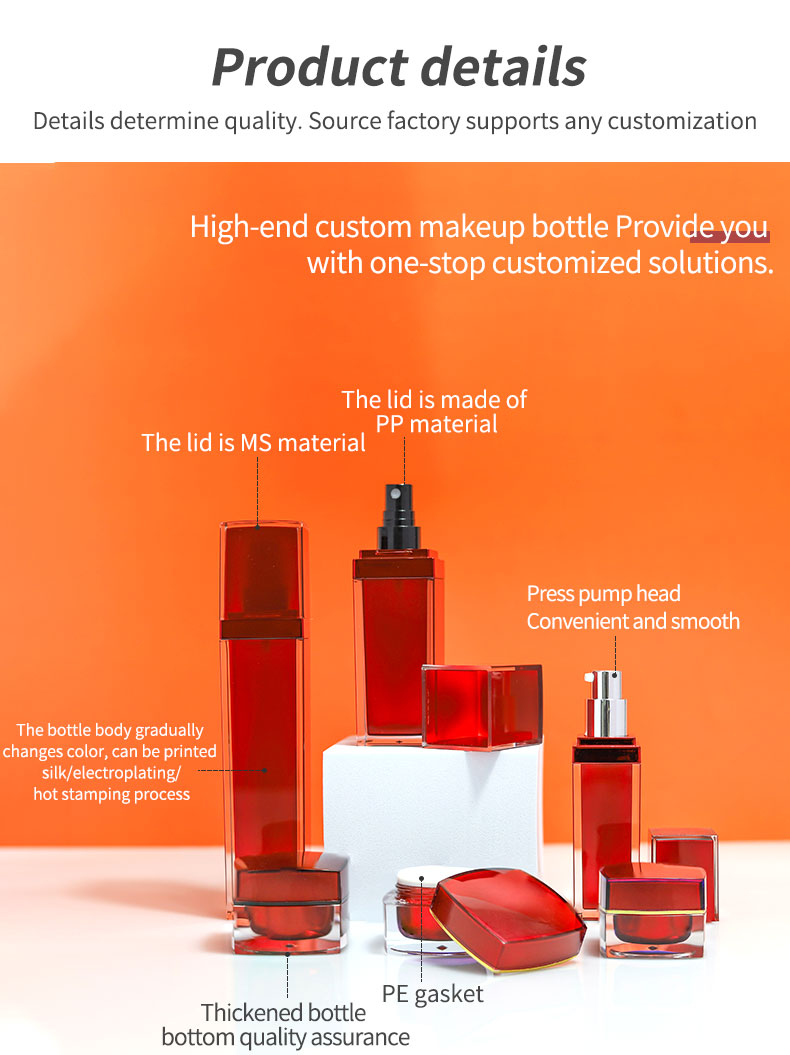 Customized Plastic Cosmetic Bottles Square Acrylic Cosmetic Packaging Bottle Red For Eye Cream