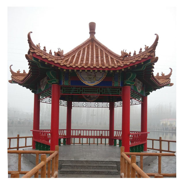 Pinus Sylvestris Chinese Wooden Gazebo Pavilion Handmade With Glazed Roof Tile