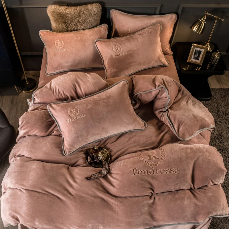 Customized Solid Milk Velvet Embroidery Bedding Set Thickened Warm Flannel Four Piece Set