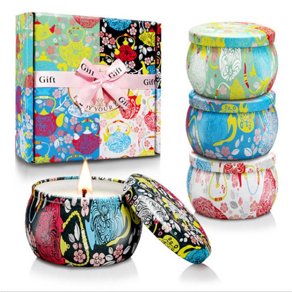 Quality Custom Retro Patterns Travel Metal Jar Scented Candle Tin Candle Gift Sets for sale