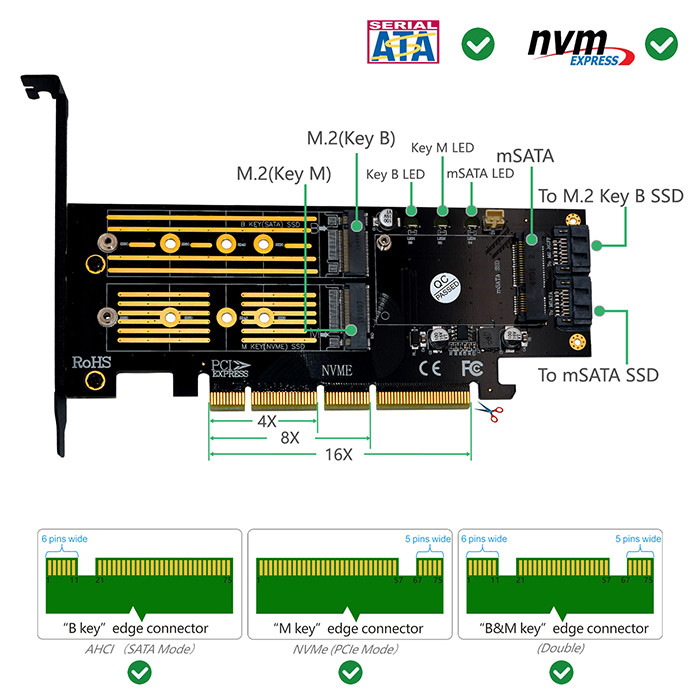 3 In 1 Msata And M.2 NGFF NVME SATA SSD To PCI-E 4X And SATA3 Adapter With Heatsink