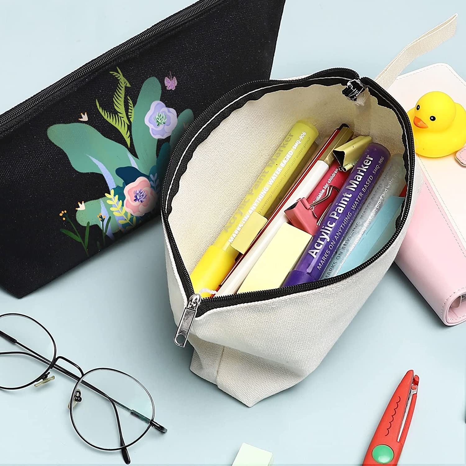 Cotton Canvas Makeup Bag with Bottom, Multi-Purpose Cosmetic Bag with Zipper