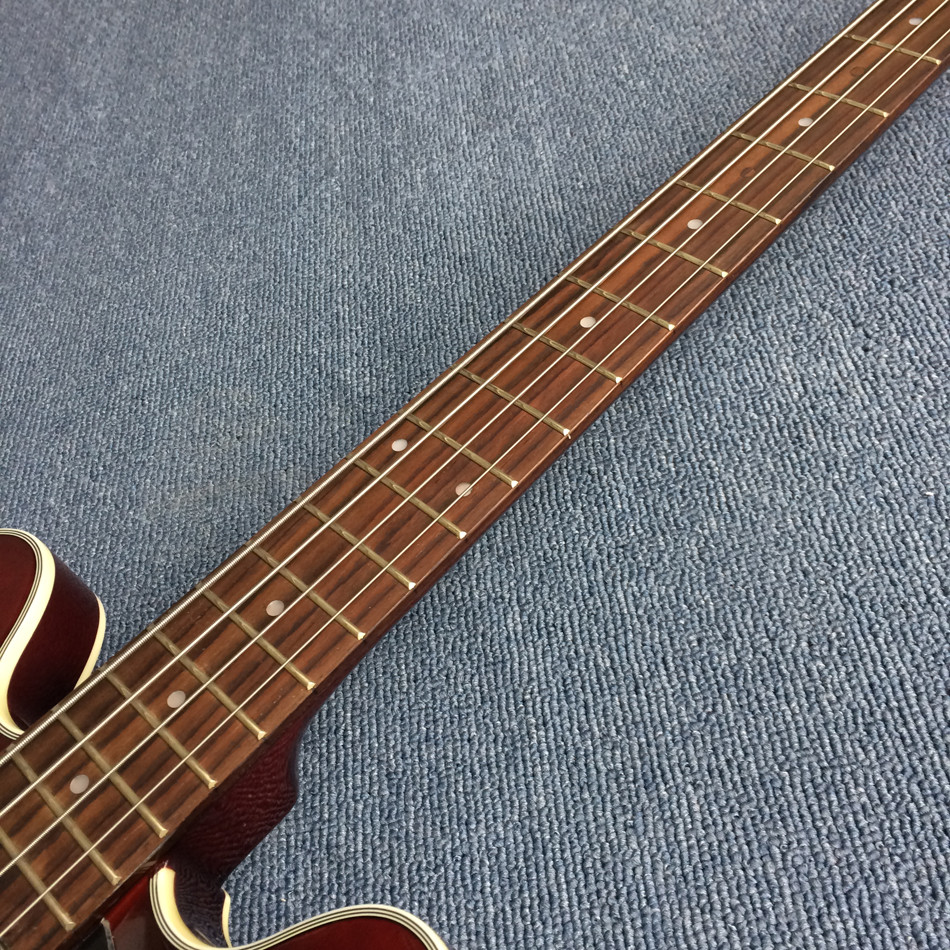 New style high-quality hollow body electric guitar 4 string bass, Double F holes, Wine red body,Free shipping