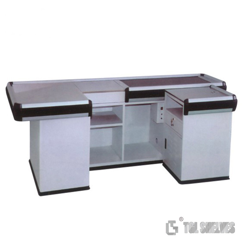 Morden Register Checkout Counter , ODM Supermarket Cashier Desk With Conveyor Belt