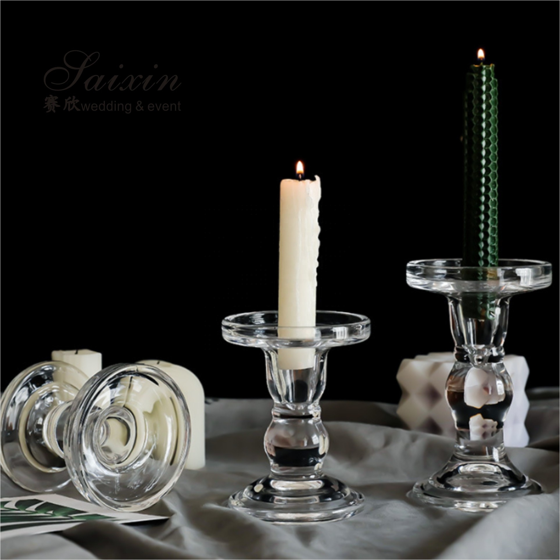 Christmas Wedding Candle Holder Glass Candle Pillars Set 19cm 27cm 35cm
