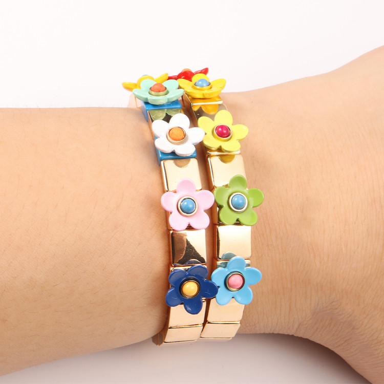 Stretch Elastic Enamel Tile Bracelet Flower Blossing Painted Spring Color