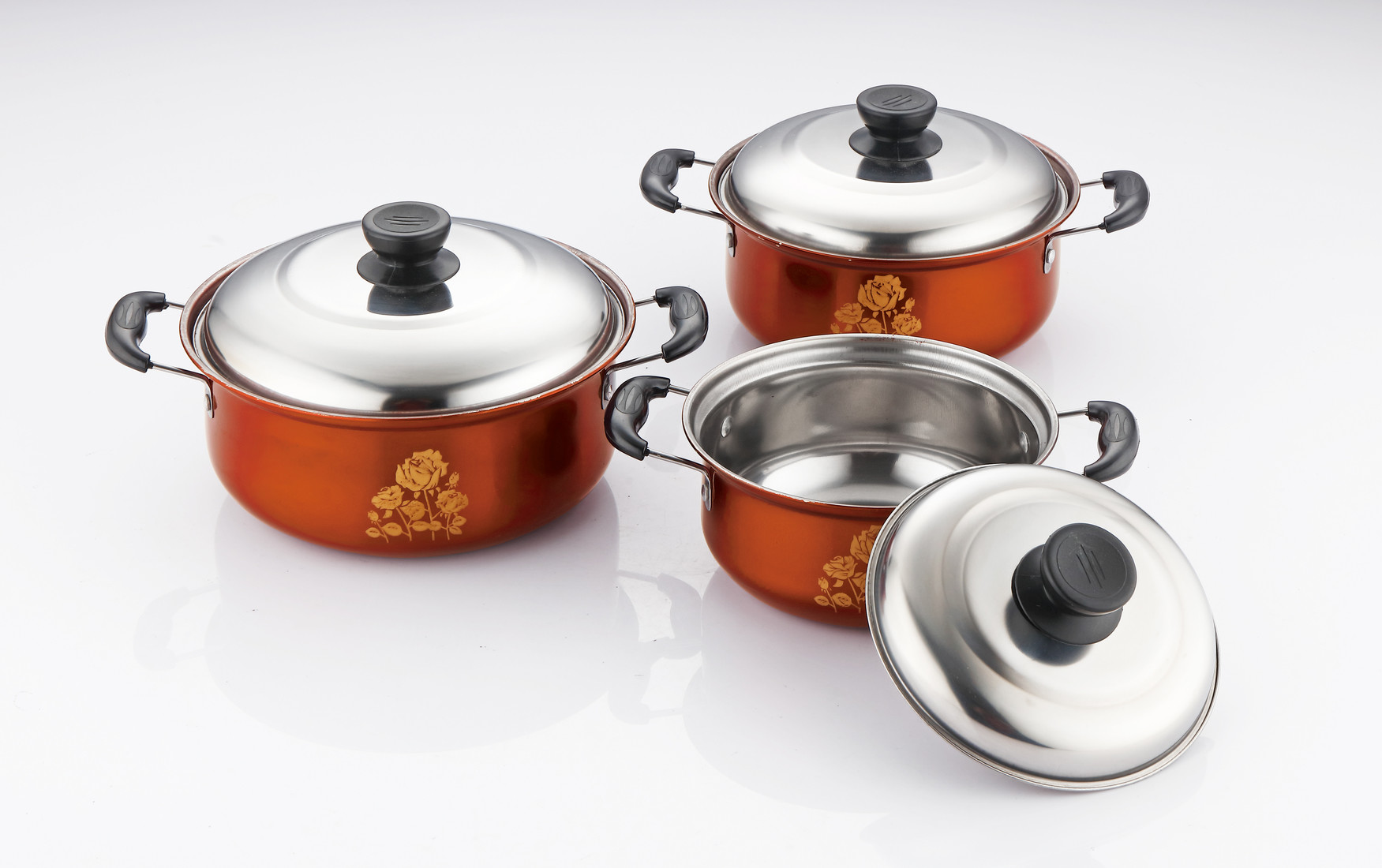 hot selling 6pcs cookware set with red color &16/18/20cm cooking pot &16cm/18cm/20cm cookware set in stainless steel
