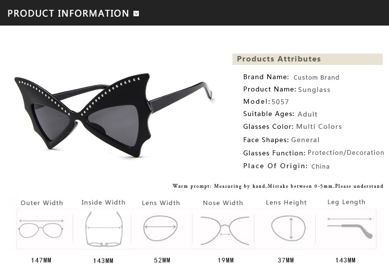 Oversized Women Bat Sharp Rivet Big Frame Sunglasses Personality Dance Party Glasses