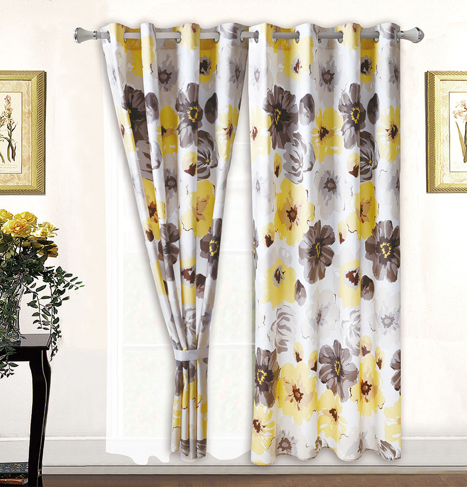 Home 100% Polyester Yellow Floral Print Bedding Set with 2 Curtains 8 Pieces