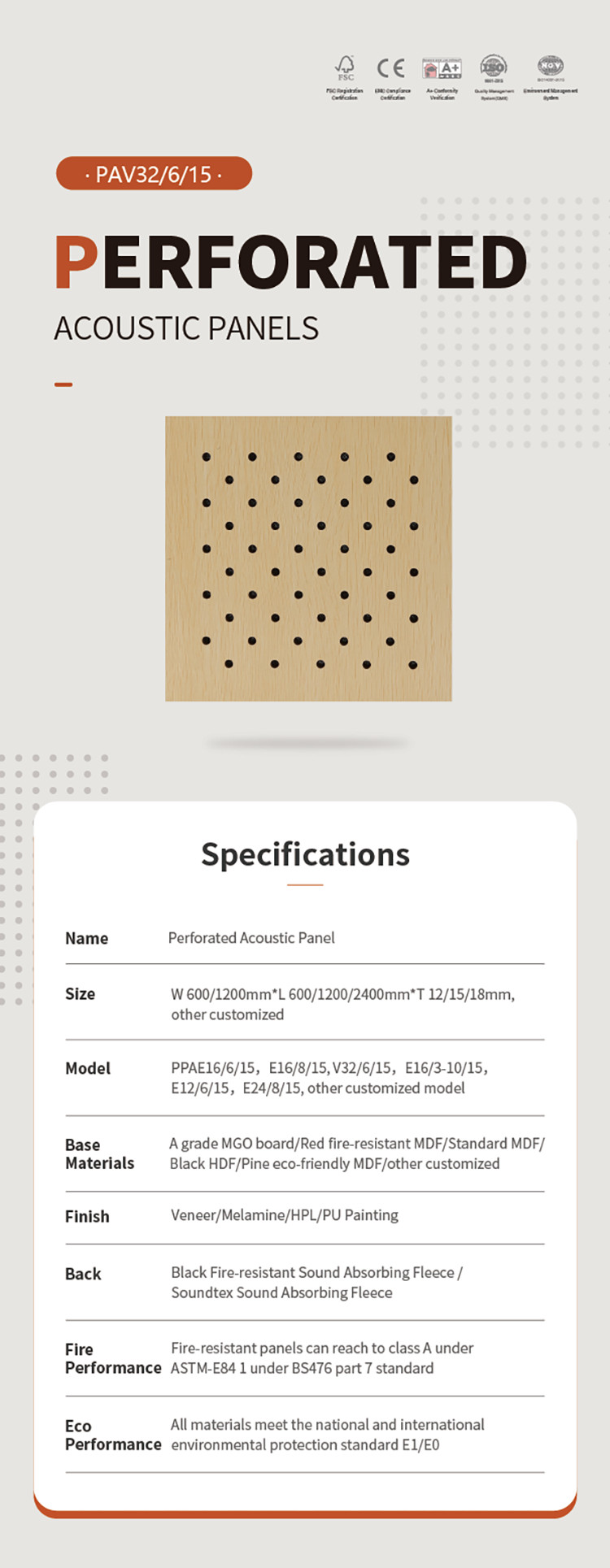 Decorative Natural Veneer Perforated Acoustic Wood Panels with E1 Grade Rating