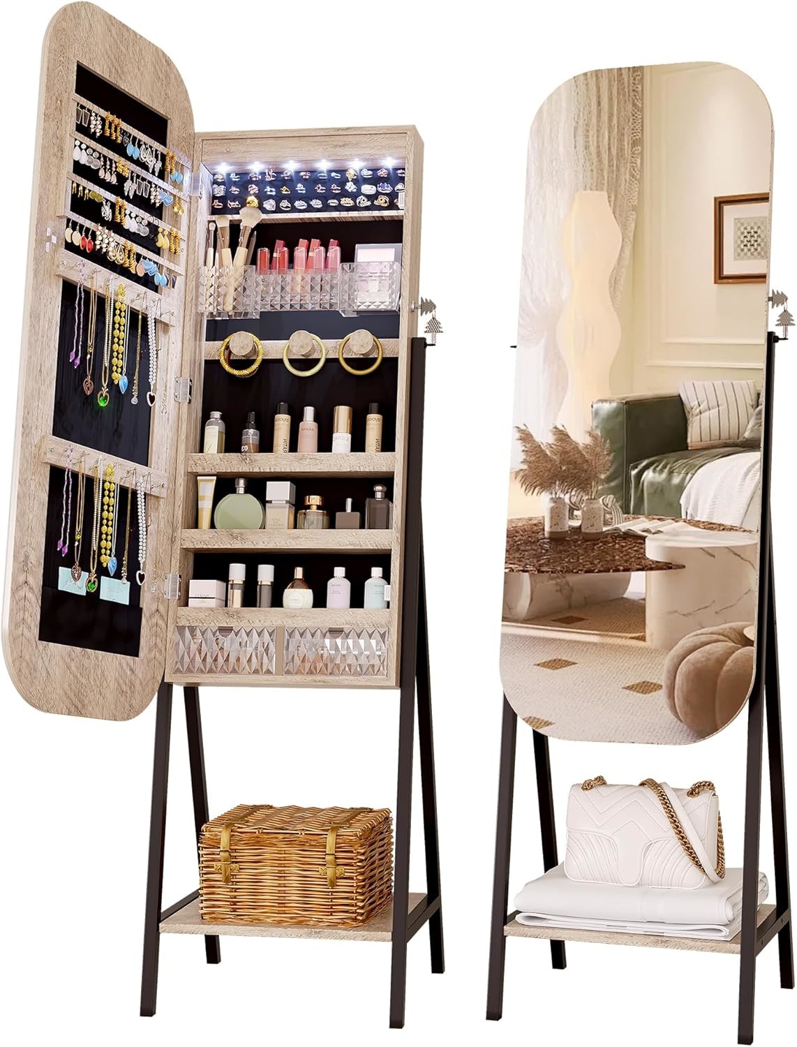 Rectangle Jewelry Armoire Mirror Lockable Full Length Mirror With Storage