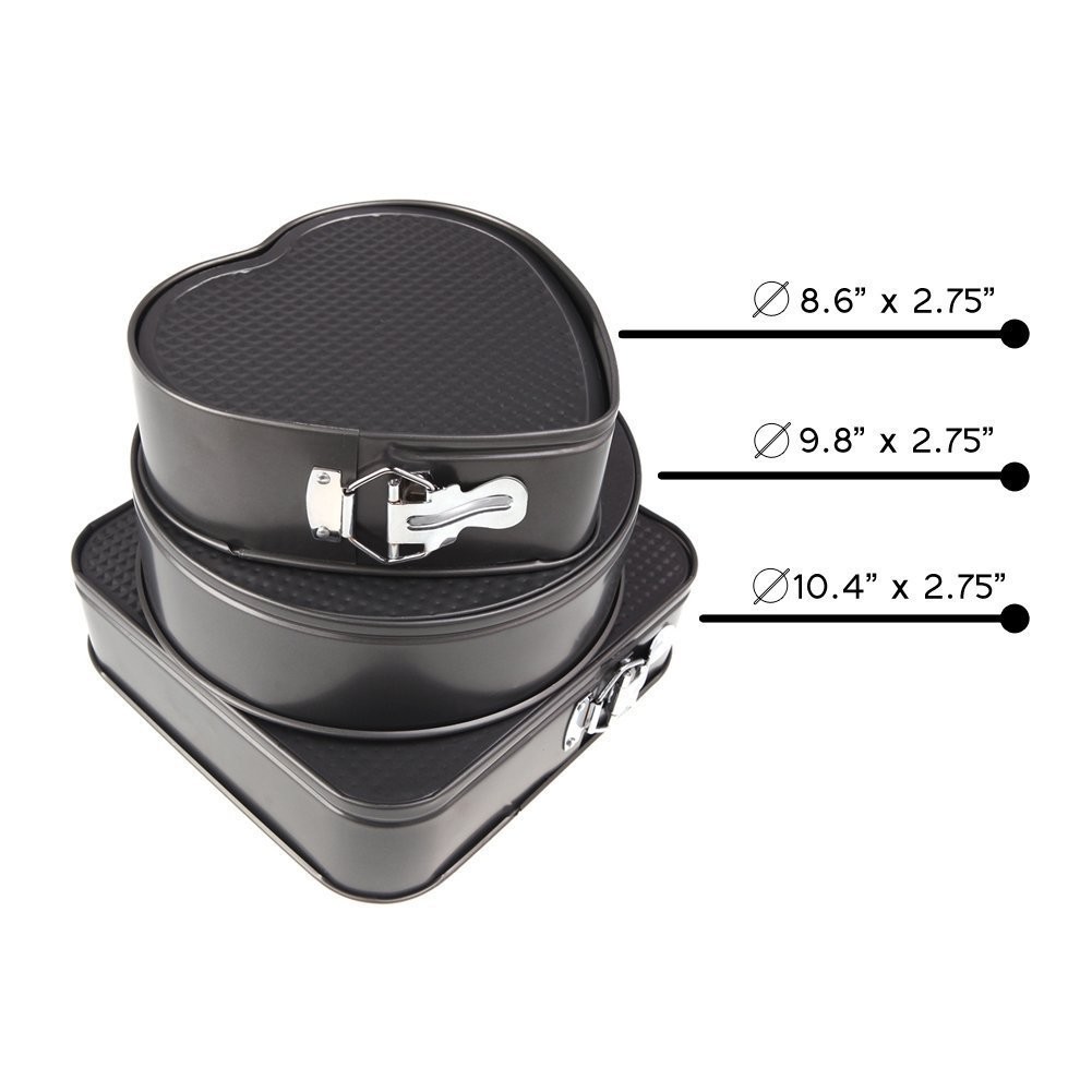 Nonstick Bakeware Springform Pan Set Bundle with 10-Inch Square, 9.8-Inch Round, 8.6-Inch Heart Shaped Cake Pan