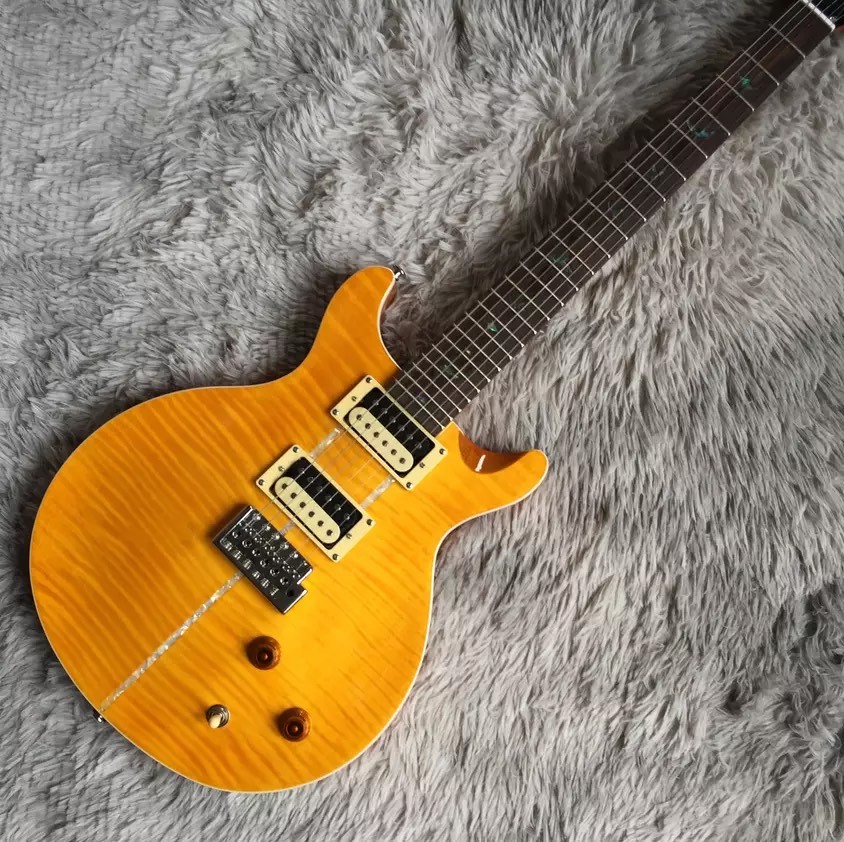 Custom Flamed Maple Top Electric Guitar with Bird Inlay and Chrome Hardware in Yellow PRS Santana Retro Orange​