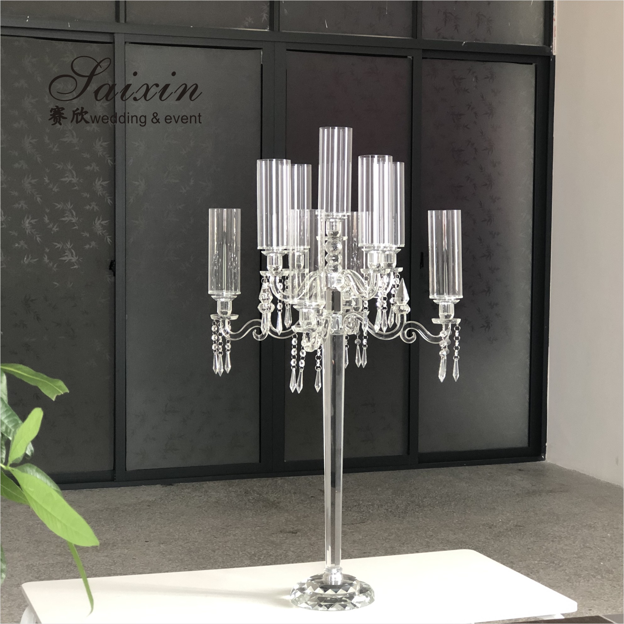 Wholesale Luxury Wedding Crystal Glass Candelabra Centerpieces 9 Arms Tall Cylinder Candelabras