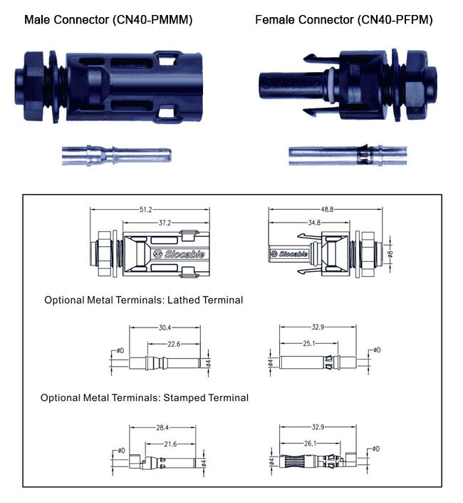 Tinned Copper PPO Solar Wire Connectors MC4 1500V DC High Current Carrying