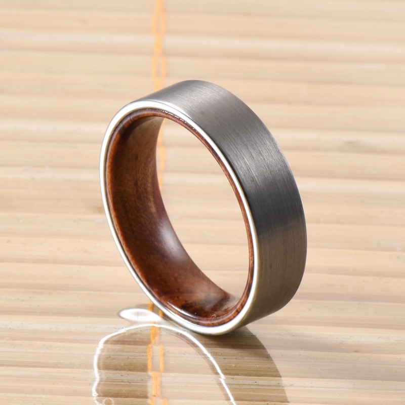 Geometric Pattern Tungsten Wedding Band for Men and Women 6mm Rose Wood Inner Ring in Beveled or Offest Grooved Styles
